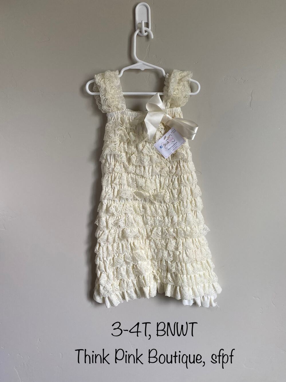 NWT Think Pink Bowtique Petti Cream Lace Dress- Size 3-4t